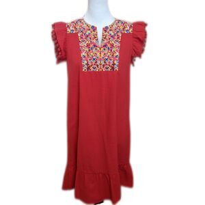 Kirundo women's summer dress, embroidery, pompon fringe, cap sleeves M